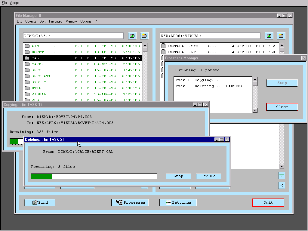 Visual Interface File Manager running concurrent copy and delete tasks